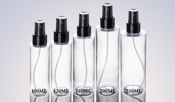 Perfect travel size flat shoulder black spray cap 100ML 120ML 150ML 200ML 250ML cosmetic pet bottle