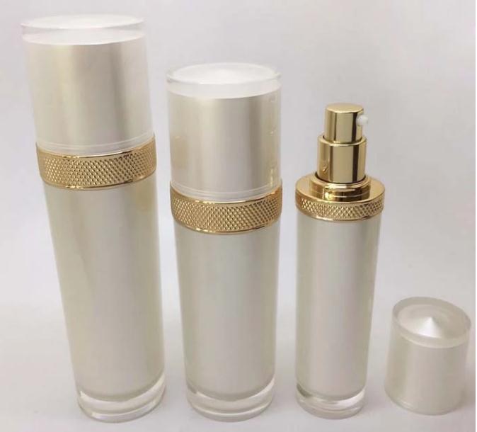 Big Sale pearl white acrylic round cosmetic packaging bottle and jar set Lotion Acrylic Bottle