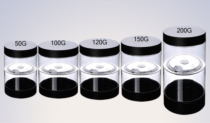 New design black cap 50G 100G 120G 150G 200G clear cosmetic pet plastic jar